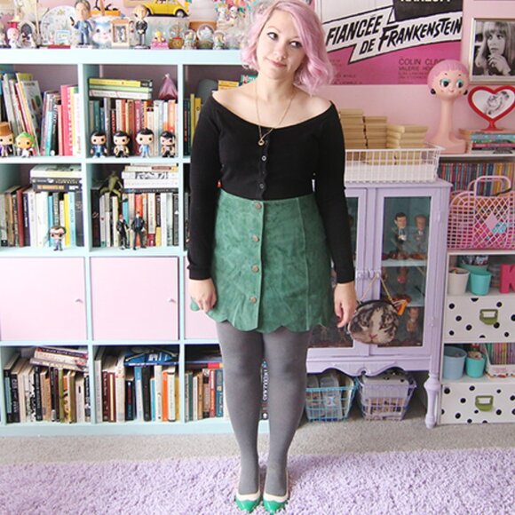 ASOS Forest green suede front button skirt with scalloped hem size US 10 - Picture 2 of 7